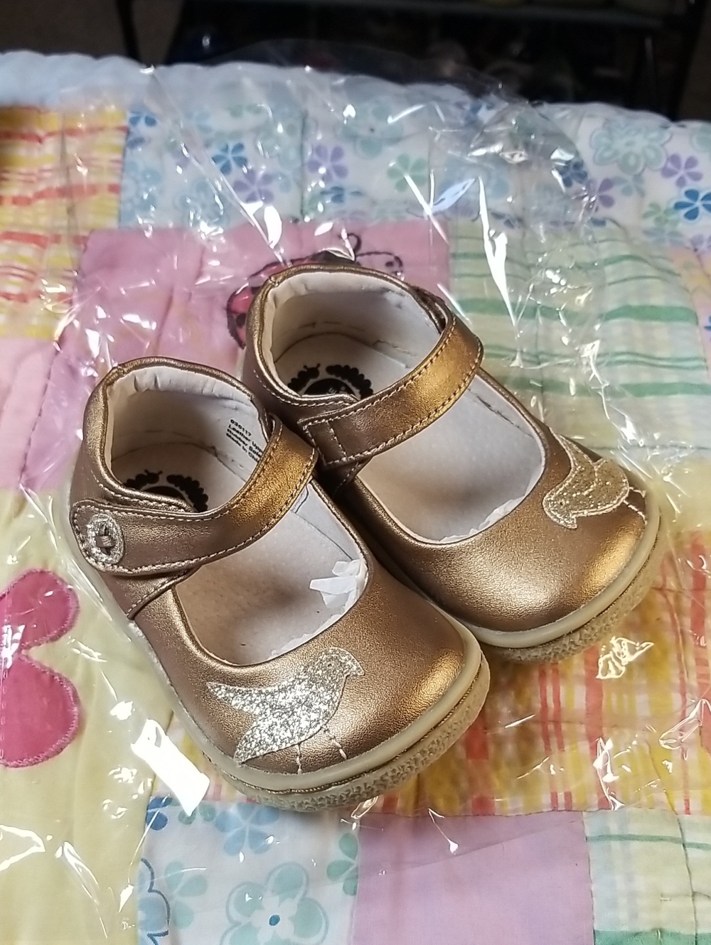 Livie & Luca Metallic Copper Leather Mary Janes w/Gold Glitter Birds Size 6 Pio